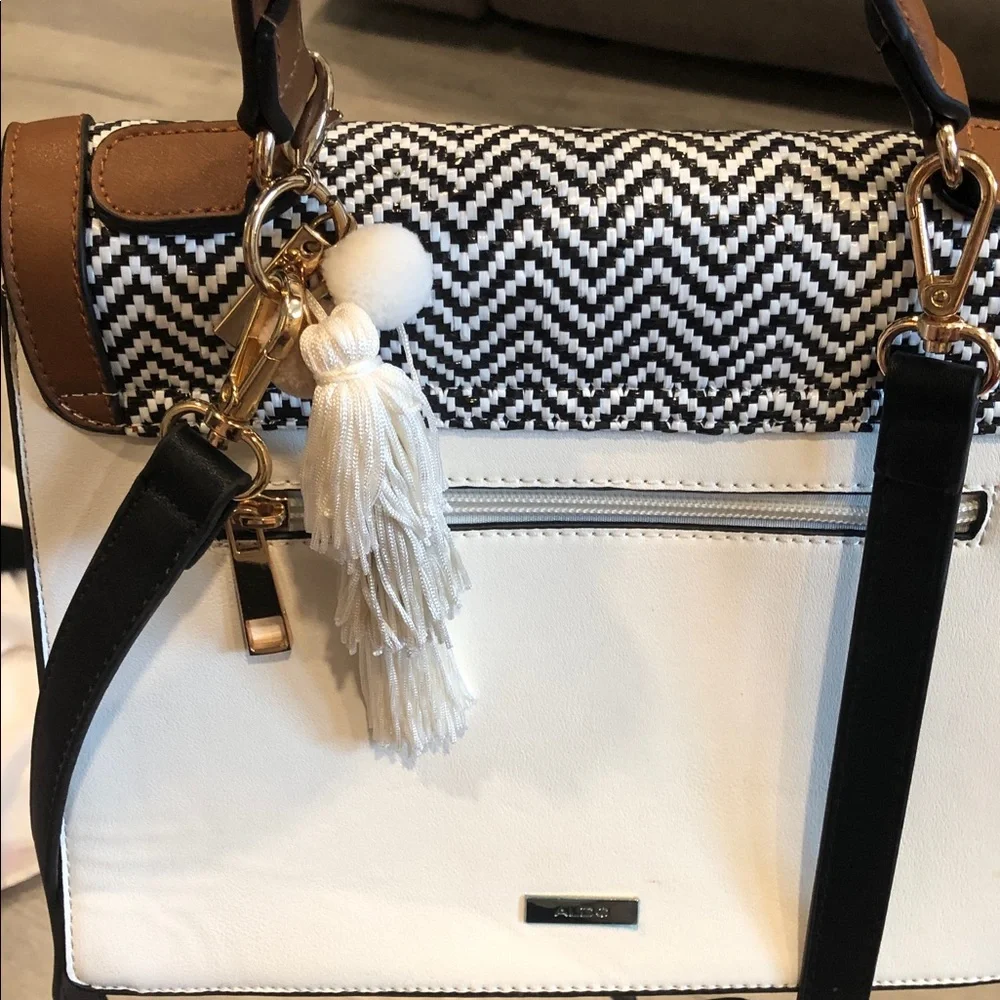 Aldo Black & White Chevron Crossbody Bag with Brown Trim